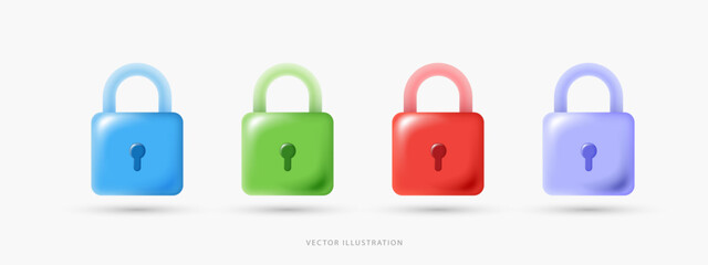 3D Vector Padlock Icon Set, Colorful Glossy Lock Symbols for Cyber Security, Privacy Protection, Data Safety and Web Interface Login UI UX Design Elements on White Background.