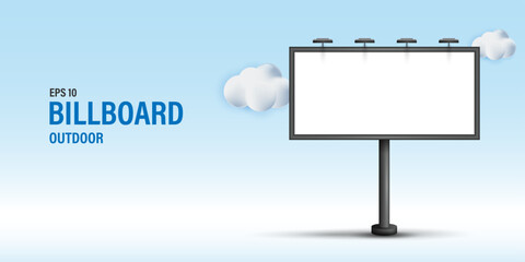 Outdoor Billboard Mockup Banner, Blank Vertical City Light Poster with Clouds for Advertising and Marketing Display, Real Estate Signage and Promotion Design Template on Blue Background.