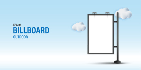 Outdoor Billboard Mockup Banner, Blank Vertical City Light Poster with Clouds for Advertising and Marketing Display, Real Estate Signage and Promotion Design Template on Blue Background.