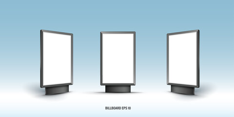 Outdoor Billboard Mockup Set, Blank Horizontal and Vertical Advertising Signage Templates, City Light Poster and Large Signboard Collection for Marketing Display on Blue Background Vector.