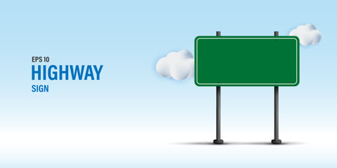 Blank Green Highway Sign Mockup, Empty Road Traffic Signboard on Metal Poles with Clouds, 3D Vector Directional Signage Template for Information and Navigation Design on Blue Background.