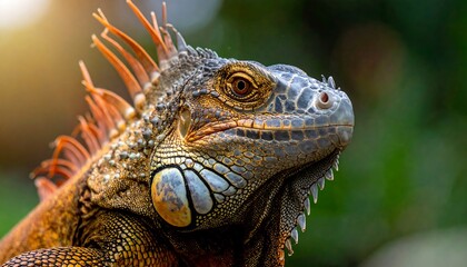Obraz premium Close-up Portrait of a Majestic Green Iguana with Spiky Dorsal Crest.