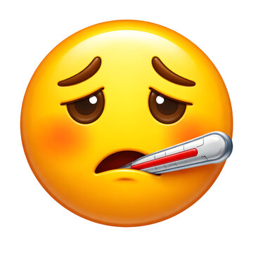 Sick emoji face clearly shows high temperature with thermometer reading