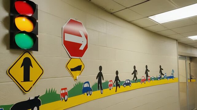 Colorful Road Safety Education Signage Display in Elementary School Hallway - Traffic Rules and Pedestrian Safety Awareness
