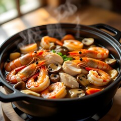 Hot pot with prawns, chicken and mushrooms