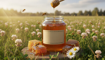 A glass jar of honey sits on a wooden board in a sunlit field, surrounded by clover and daisies as bees buzz. Honey drips from a honey dipper onto honeycomb pieces