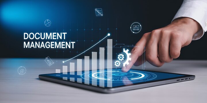 Hand interacts with tablet displaying document management graph and analytics interface with futuristic icons on a dark background from a close-up viewpoint
