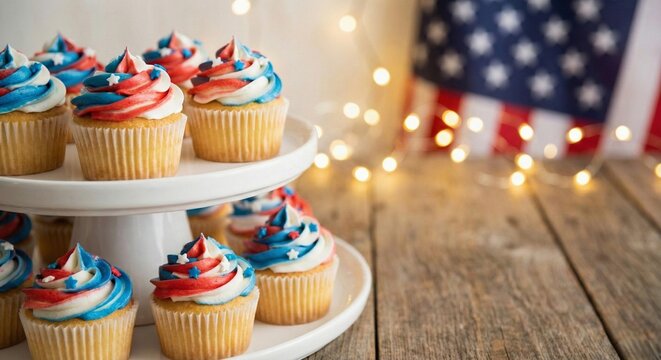 Patriotic Cupcakes on Tiered Stand with American Flag Background