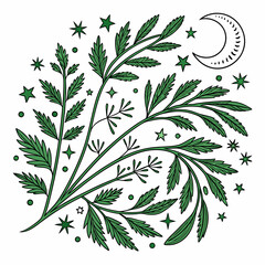 Green herbs and stars with crescent moon celestial pattern © Rifat