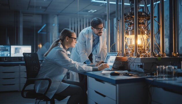 team of scientists working on quantum computer in high-tech laboratory