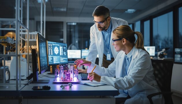 team of scientists working on quantum computer in high-tech laboratory