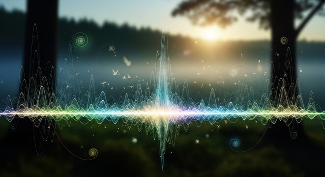 Vibrant sound frequency in peaceful natural landscape at sunrise