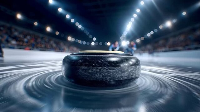 Curling stone sliding on ice rink during a professional game