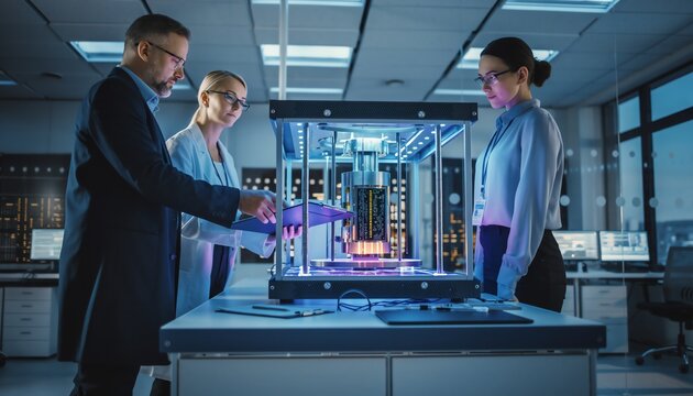 team of scientists working on quantum computer in high-tech laboratory