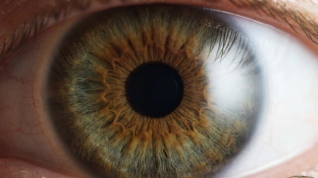 Brown green eye close up macro iris pupil brown green texture showing detailed iris texture and reflection close up with visible pupil and eyelashes