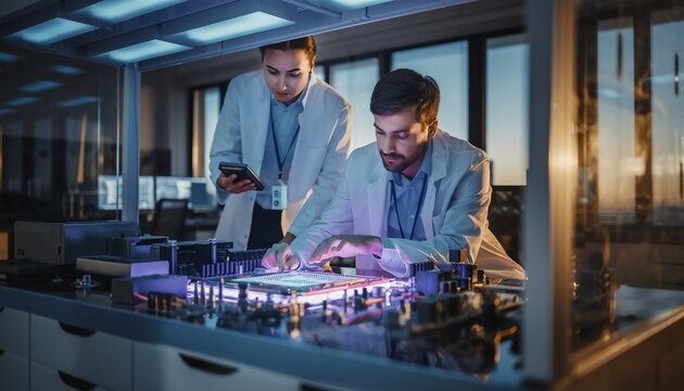 team of scientists working on quantum computer in high-tech laboratory