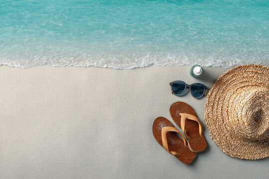 A beach scene with a straw hat flip flops sunglasses and sunscreen on sand
