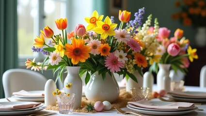 Vibrant spring floral arrangements adorn a beautifully set table with pastel colored plates and napkins in a cozy dining room with soft natural light