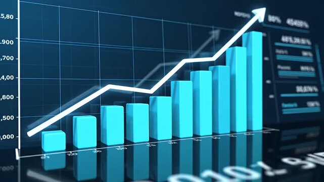 Upward Business Growth Chart - A financial chart displays growth using blue columns and a white upward-trending arrow, indicating positive performance and success.