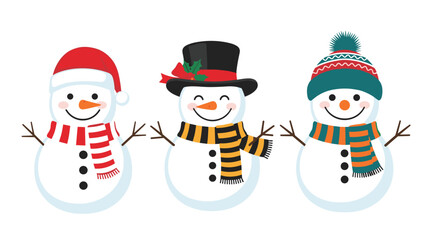 Three cute snowmen wearing different colorful hats and scarves standing in a row on a plain white background.