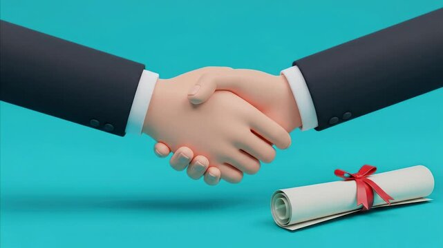 Cartoon handshake with diploma scroll on blue background, symbolizing agreement and success