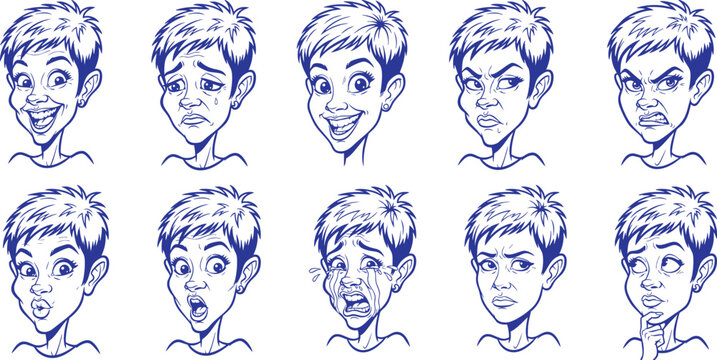 Expressive facial study of a young woman with short hair, featuring ten different emotional states in blue ink style.