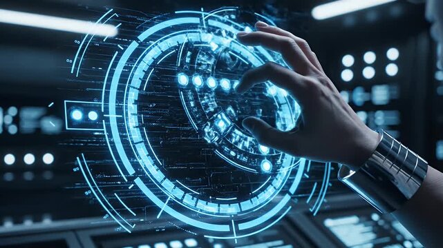 Futuristic Interface Control - A hand with a futuristic wrist device interacts with a glowing blue circular interface. The interface appears to be displaying complex data and controls.