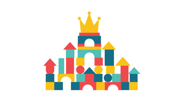 Colorful toy castle built from various wooden building blocks in different geometric shapes with a golden crown on the top.