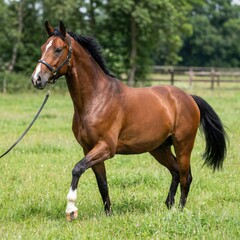 Obraz premium Bay horse with black mane and tail walking in green pasture, white blaze on face, brown coat, outdoor equestrian scene