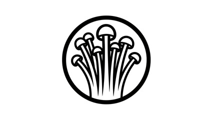 A circular graphic showcases clustered stylized mushrooms with bulbous caps, in thick black lines