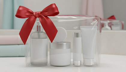 Green Cosmetic Bag With Red Ribbon and  mockup Beauty Products