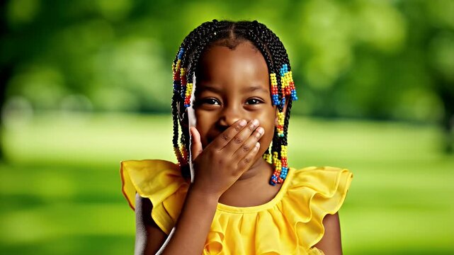 Smiling Girl Covering Mouth - A cute little African girl with beaded braids is smiling while covering her mouth with her hand.