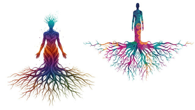 Silhouette people with multicultural ethnic body art and tree roots symbolizing diverse human identity unity and global cultural connection.