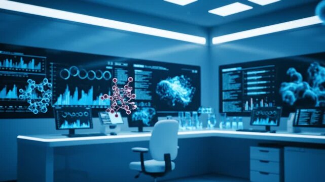 High-tech research lab with advanced digital screens displaying complex scientific data, biotechnological insights, and medical discoveries, driving innovation and future development