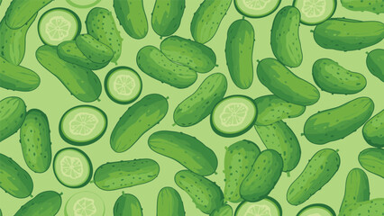 Refreshing seamless pattern of whole green cucumbers and fresh slices scattered on a pale green background.