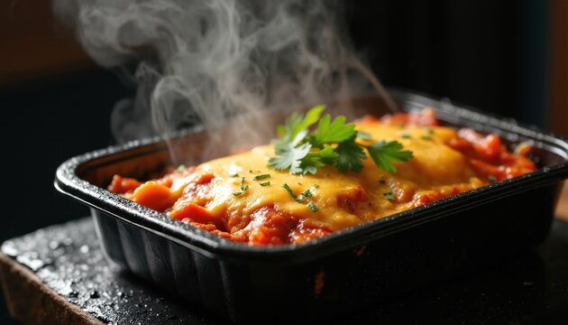 Hot enchilada meal in microwave container with melted cheese and steam. Fresh parsley garnish on cheesy mexican dish. Ready to eat convenience food preparation.