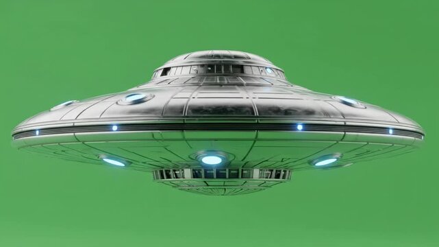 Futuristic Silver UFO Flying Saucer with Blue Lights on Green Screen