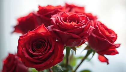 Fototapeta premium Close-up of bouquet of red roses with soft, diffused light illuminating delicate petals, rich color. Beautiful flowers arranged artfully, creating romantic, elegant display. Perfect for expressing