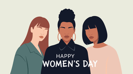 Fototapeta premium Happy Women's Day greeting card featuring three diverse women standing together in a minimalist flat design style.