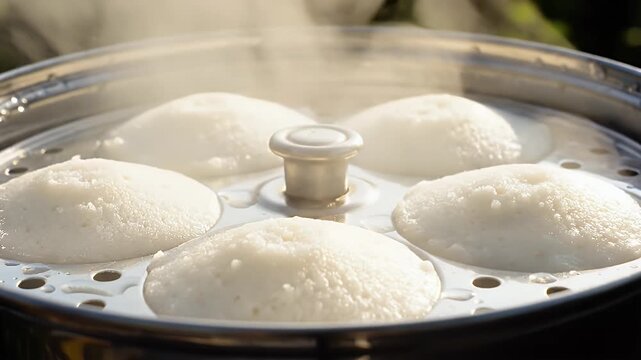 Steaming Idli Breakfast - This close-up shot features freshly steamed idli in a traditional idli steamer.