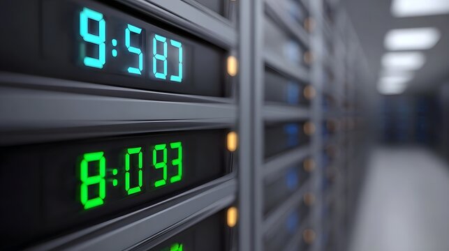 Close up view of glowing digital displays showing numerical data within a modern server room illustrating data processing and network activity