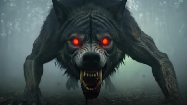 Horror Werewolf with Glowing Red Eyes in Foggy Forest, Aggressive Attack