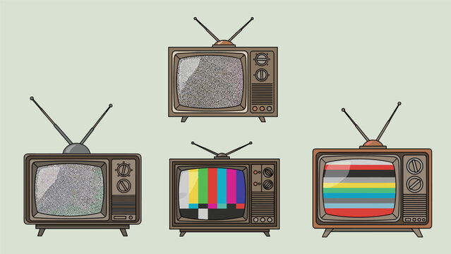 Set of vintage retro television sets with old fashioned designs featuring static noise and test pattern color bars on their screens.
