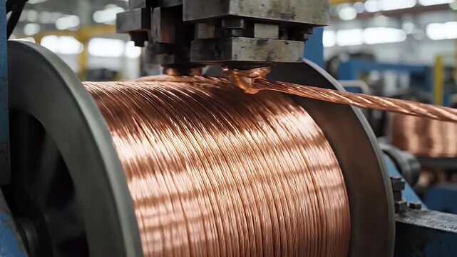 Copper Cable Production - A close-up shows a machine winding copper cables onto a large spool in a factory. The copper wire is being processed by industrial equipment.