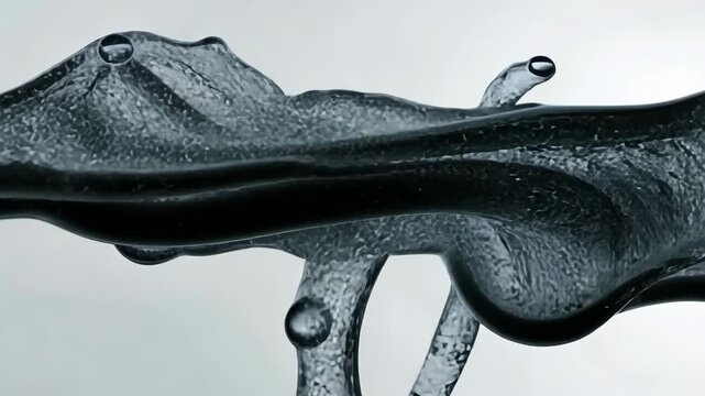 A dark, amorphous form with a watery texture and scattered droplets against a light backdrop