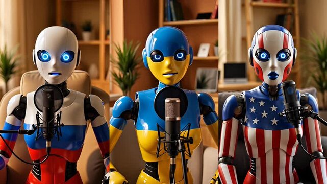 Androids from the US, Ukraine, and Russia, with glowing blue eyes and sleek futuristic designs, host an online podcast with microphones. collage. Online talks.