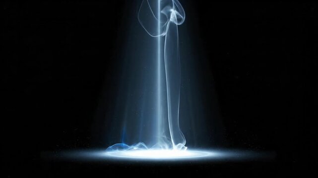 Mysterious Blue Smoke Beam Rising from Glowing Light on Black Background