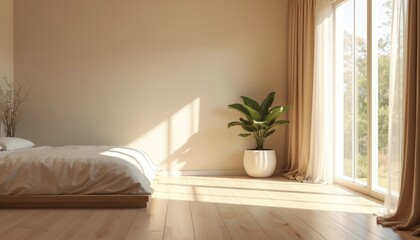 Minimalist bedroom with unmade bed features pale walls soft sunlight streaming through sheer curtains and a potted green plant for serene home decor vibes.
