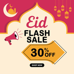 Fototapeta premium Eid flash sale banner with megaphone and lanterns