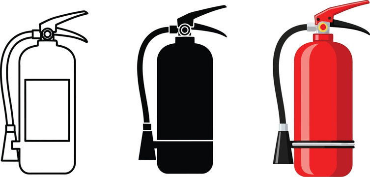 Collection of fire extinguisher icons showcasing a line art outline a solid black silhouette and a vibrant red illustration with a black hose and nozzle representing safety